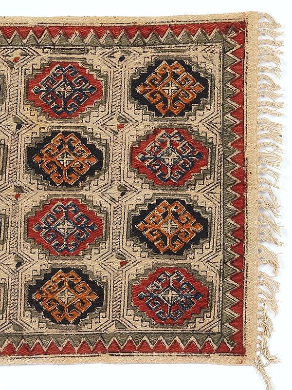 Exotic India Red And Black Kalamkari With Tile Pattern Dhurrie From Telangana