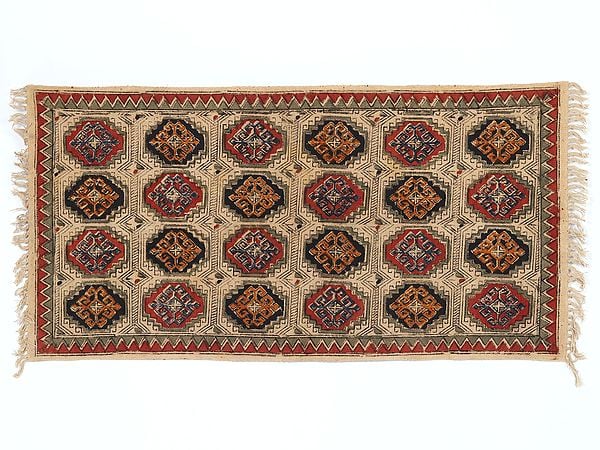 exotic india Red and Black Kalamkari with Tile Pattern Dhurrie from Telangana 