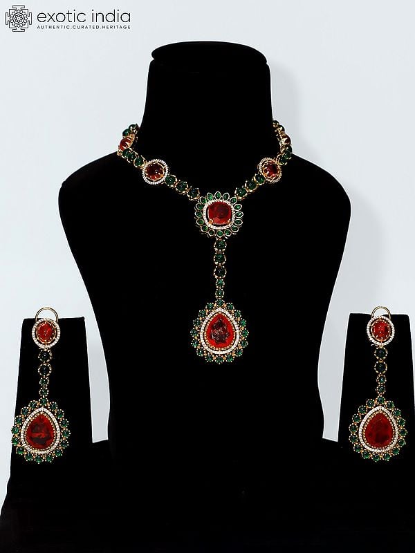 exotic india Red And Green Necklace Set With Earrings | Indian Fashion Jewelry 