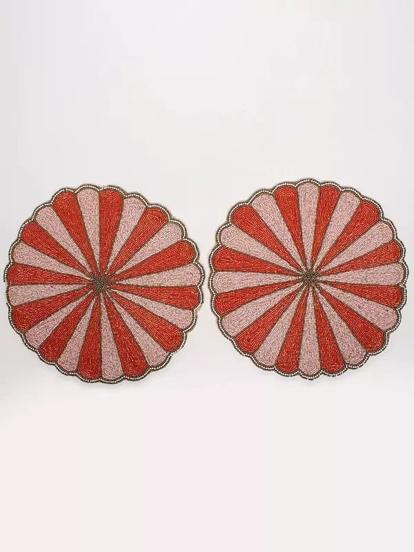 exotic india Red and Pink Beads Round Table-Mat (Set of 2)