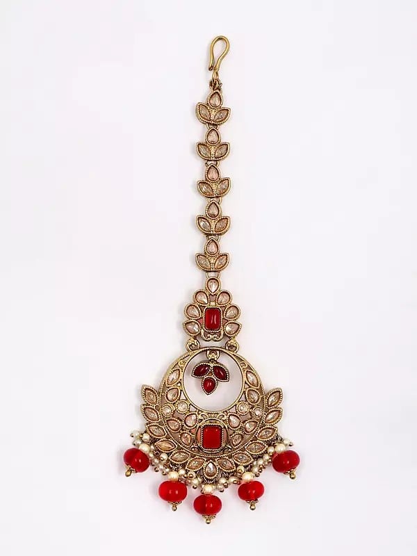 Exotic India Red And White Stone Studded Necklace Set With Earrings And Mangtika 