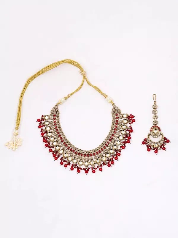 Exotic India Red And White Stone Studded Necklace Set With Earrings And Mangtika With Beads Drop 
