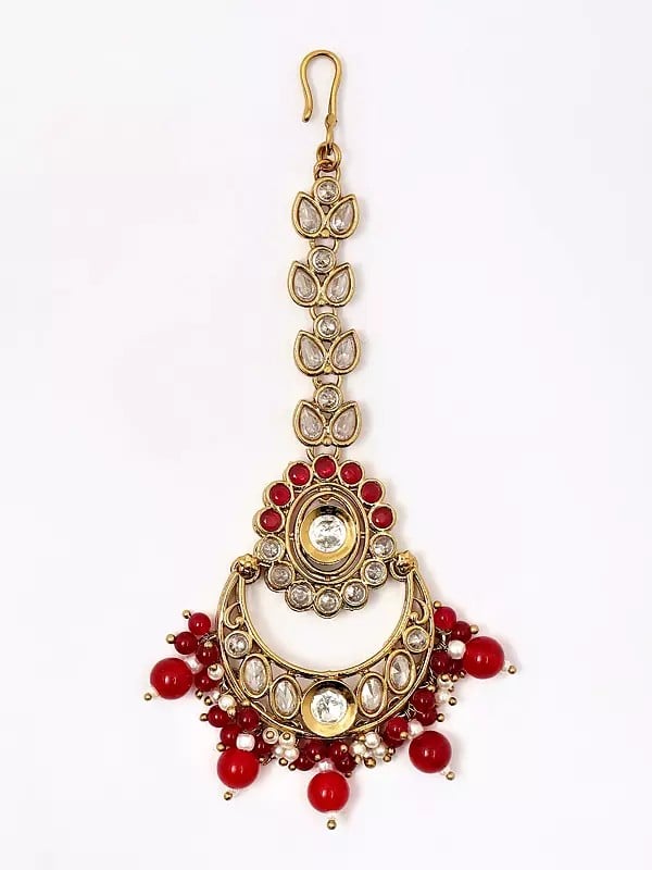Exotic India Red And White Stone Studded Necklace Set With Earrings And Mangtika With Beads Drop 