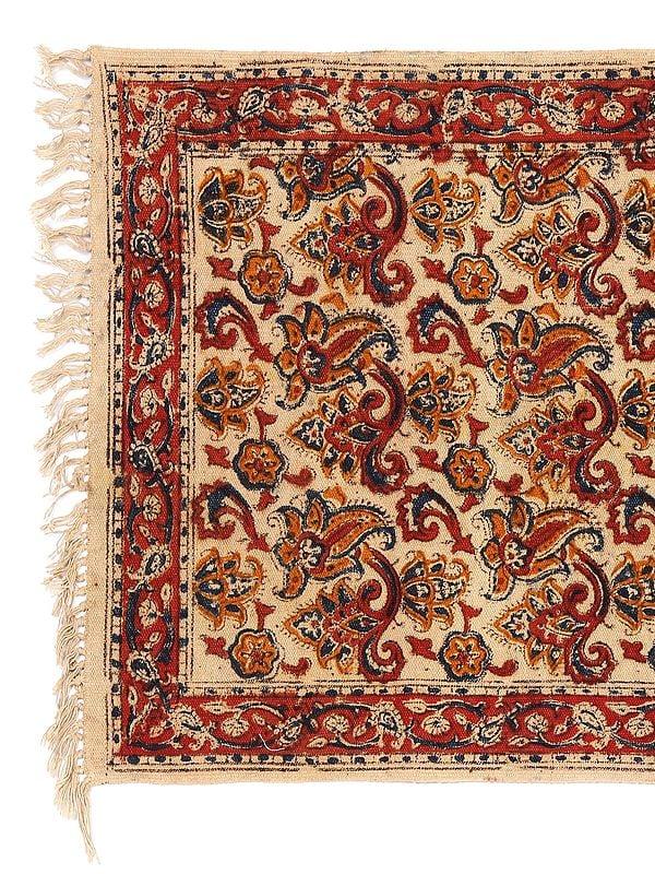 Exotic India Red Kalamkari Dhurrie With Printed Floral Vines From Telangana