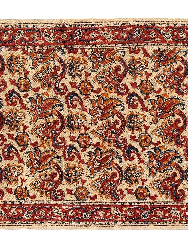 Exotic India Red Kalamkari Dhurrie With Printed Floral Vines From Telangana