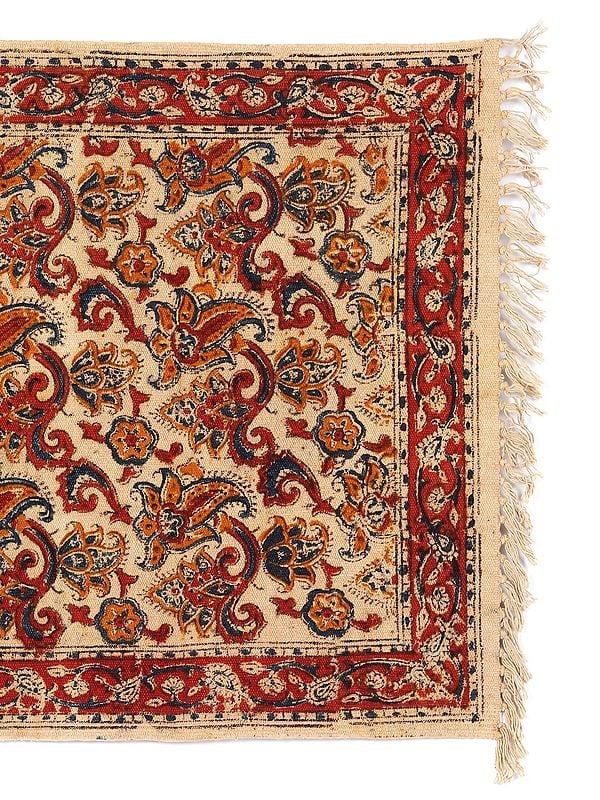 Exotic India Red Kalamkari Dhurrie With Printed Floral Vines From Telangana