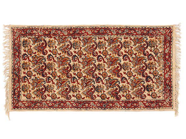 exotic india Red Kalamkari Dhurrie with Printed Floral Vines from Telangana 