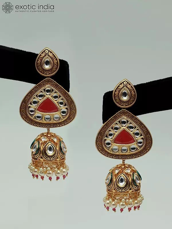 Exotic India Red Kundan Stone Heavy Necklace Set With Mangtika And Earrings 