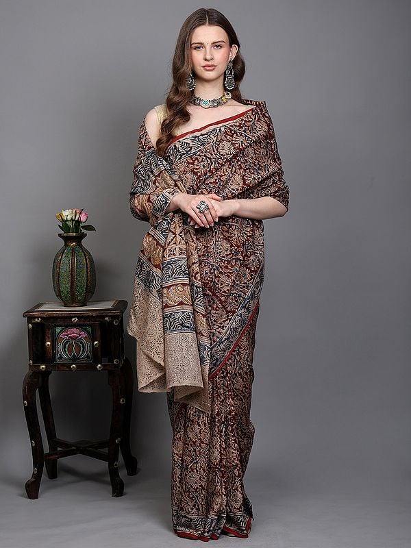 Exotic India Red-Pear Handblock Kalamkari Printed Flowers Saree From Telangana 