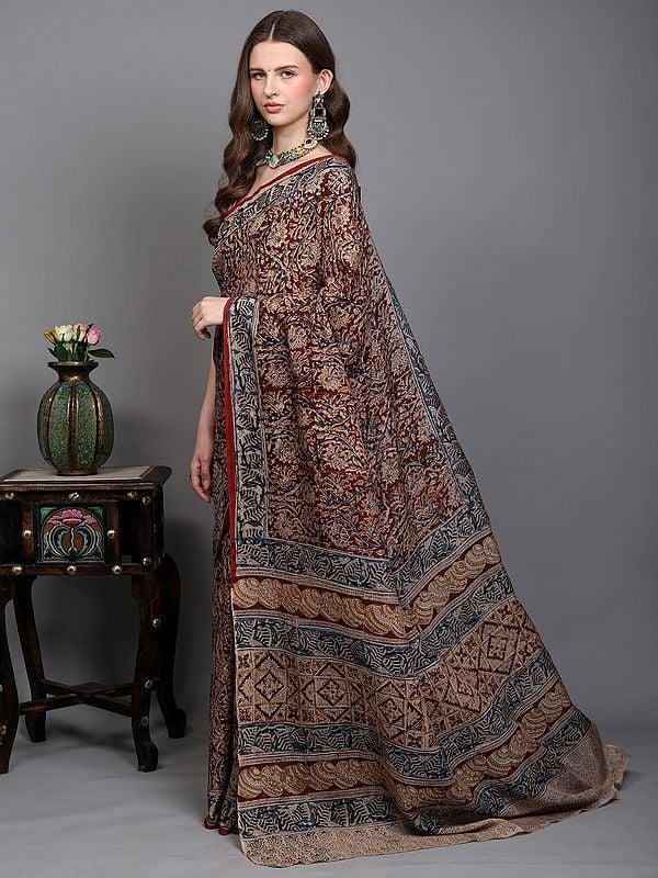 Exotic India Red-Pear Handblock Kalamkari Printed Flowers Saree From Telangana 
