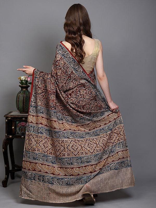 Exotic India Red-Pear Handblock Kalamkari Printed Flowers Saree From Telangana 