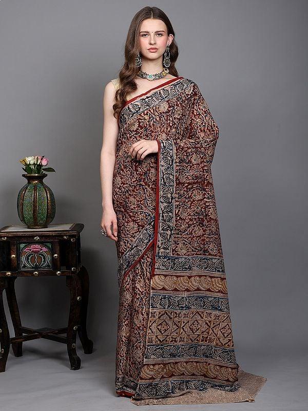 exotic india Red-Pear Handblock Kalamkari Printed Flowers Saree from Telangana 
