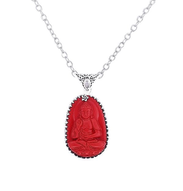 exotic india Red Stone Buddha Sterling Silver Pendant with Precious Gemstone 