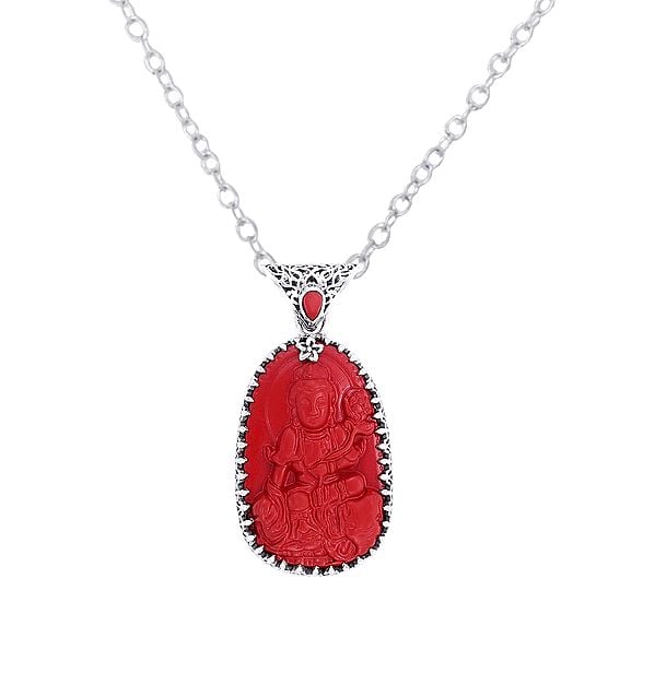 exotic india Red Stone Buddha Sterling Silver Pendant with Precious Gemstone 