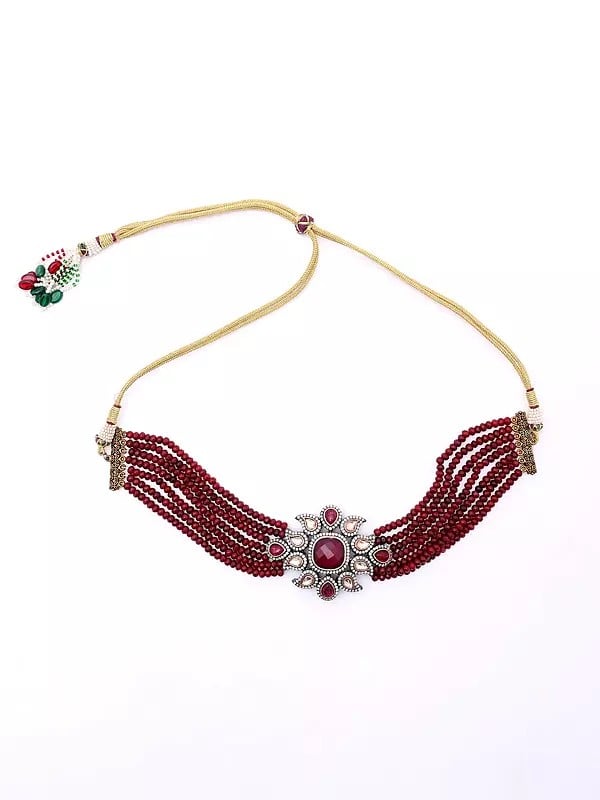 Exotic India Red Stone Studded And Beaded Choker And Earrings Set 