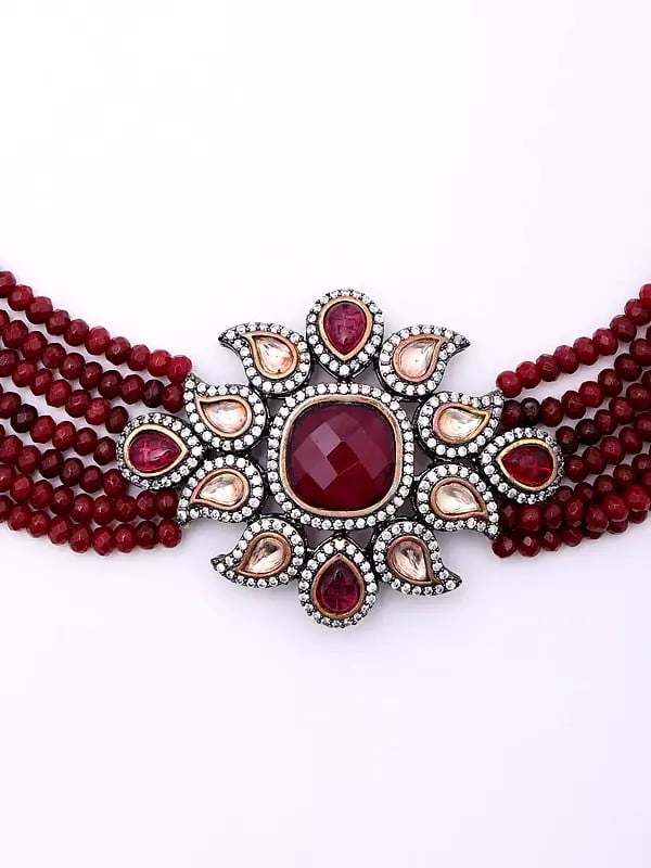 Exotic India Red Stone Studded And Beaded Choker And Earrings Set 
