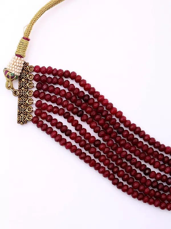 Exotic India Red Stone Studded And Beaded Choker And Earrings Set 