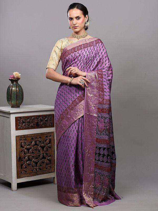 Exotic India Regal-Orchid Dola Silk Saree With Printed Paisleys On All-over And Zari Work Floral Vine Border 
