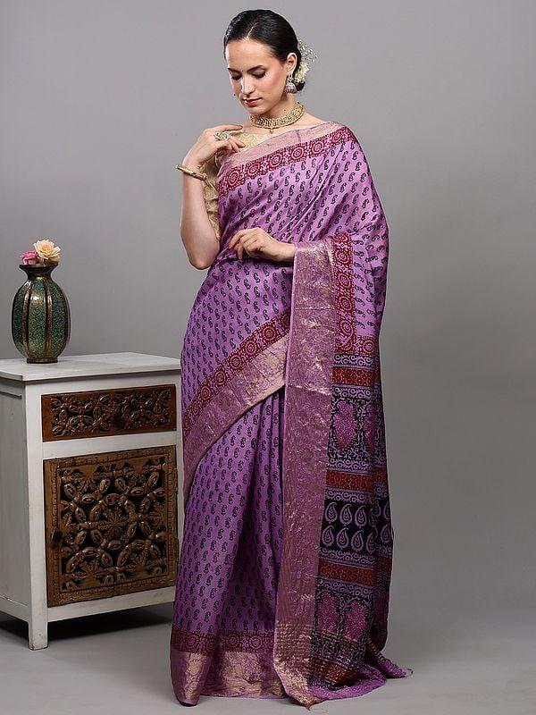 Exotic India Regal-Orchid Dola Silk Saree With Printed Paisleys On All-over And Zari Work Floral Vine Border 