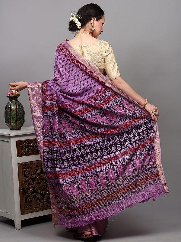 Exotic India Regal-Orchid Dola Silk Saree With Printed Paisleys On All-over And Zari Work Floral Vine Border 