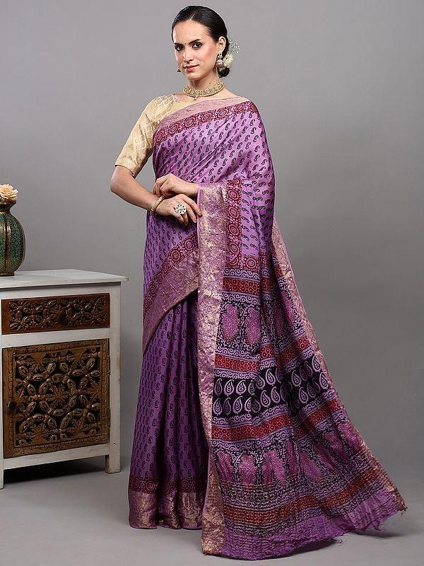 exotic india Regal-Orchid Dola Silk Saree with Printed Paisleys on All-over and Zari work Floral Vine Border 