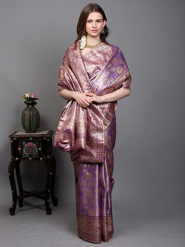 Exotic India Regal-Orchid Saree From Bangalore With Woven Floral Motifs In Copper Colored Thread And Warli Art On Border-Pallu 