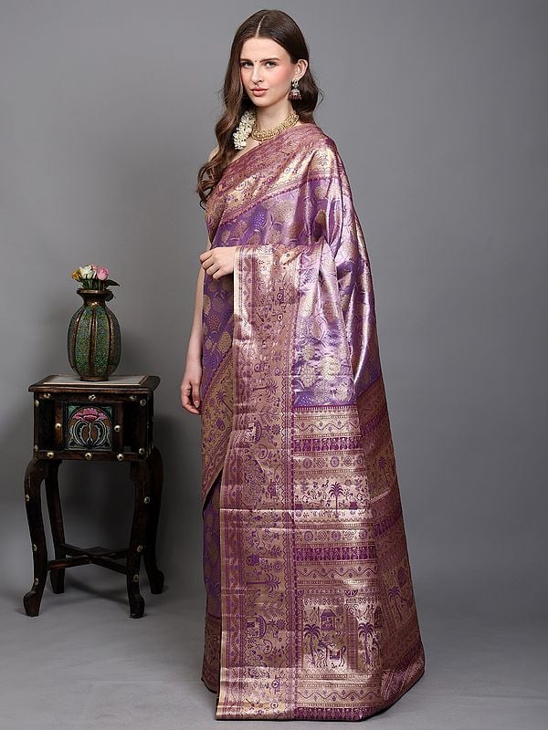 Exotic India Regal-Orchid Saree From Bangalore With Woven Floral Motifs In Copper Colored Thread And Warli Art On Border-Pallu 