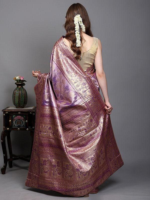 Exotic India Regal-Orchid Saree From Bangalore With Woven Floral Motifs In Copper Colored Thread And Warli Art On Border-Pallu 