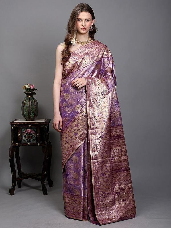 exotic india Regal-Orchid Saree from Bangalore with Woven Floral Motifs in Copper Colored Thread and Warli Art on Border-Pallu 