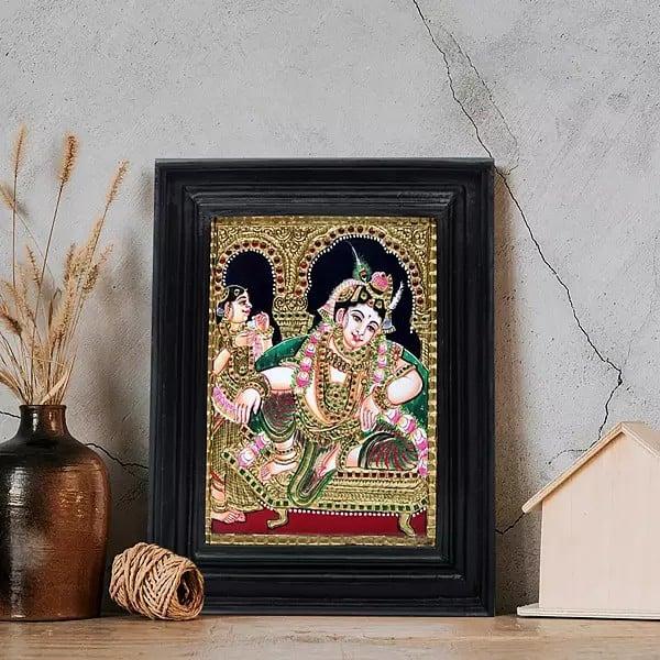 Exotic India Relaxing Krishna Tanjore Painting | Traditional Colors With 24K Gold | Teakwood Frame | Gold & Wood | Handmade | Made In India 