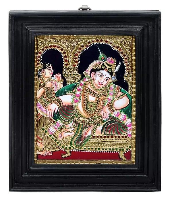 exotic india Relaxing Krishna Tanjore Painting | Traditional Colors With 24K Gold | Teakwood Frame | Gold & Wood | Handmade | Made In India 