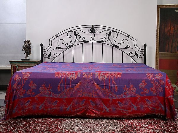 Exotic India Reversible Jamawar Queen Size Bedsheet With Woven Tree Of Life And Crane 