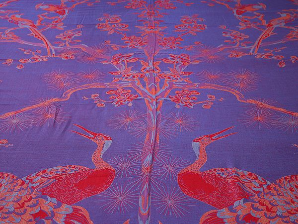 Exotic India Reversible Jamawar Queen Size Bedsheet With Woven Tree Of Life And Crane 