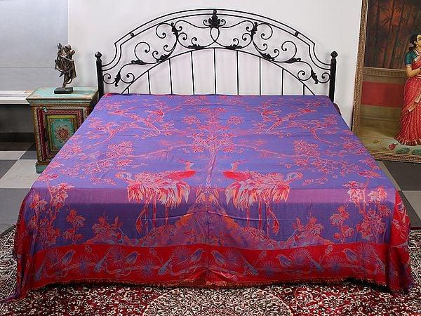 exotic india Reversible Jamawar Queen Size Bedsheet With Woven Tree of Life And Crane 