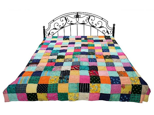 exotic india Reversible Kantha Quilt with Multicolor Patches from Jodhpur 