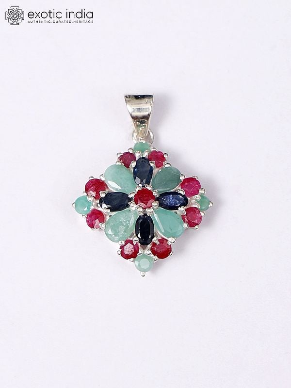 Exotic India Rhomboid Sterling Silver Pendant With Sapphire Ruby And Emerald 
