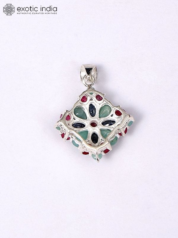 Exotic India Rhomboid Sterling Silver Pendant With Sapphire Ruby And Emerald 