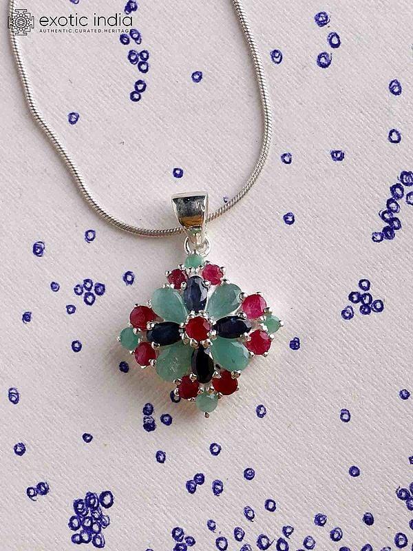 exotic india Rhomboid Sterling Silver Pendant with Sapphire Ruby and Emerald
