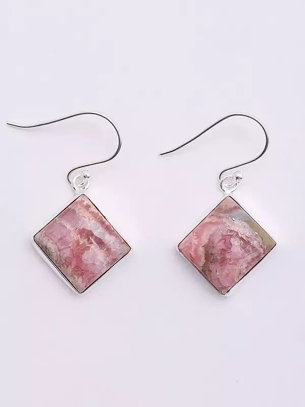 Exotic India Rhombus Shape Rhodochrosite Hook Earrings 