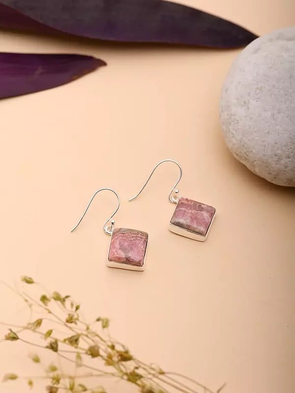 Exotic India Rhombus Shape Rhodochrosite Hook Earrings 