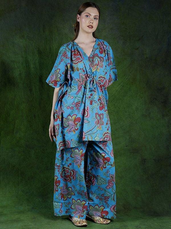 Exotic India River-Blue Kaftan Style Pure Cotton Co-Ord Set With Printed Flowers