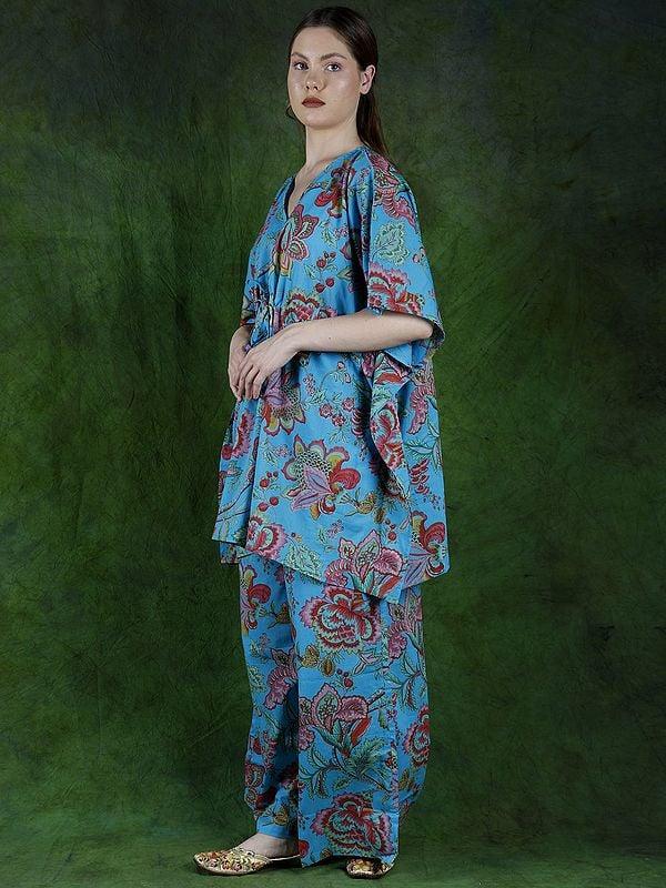 Exotic India River-Blue Kaftan Style Pure Cotton Co-Ord Set With Printed Flowers