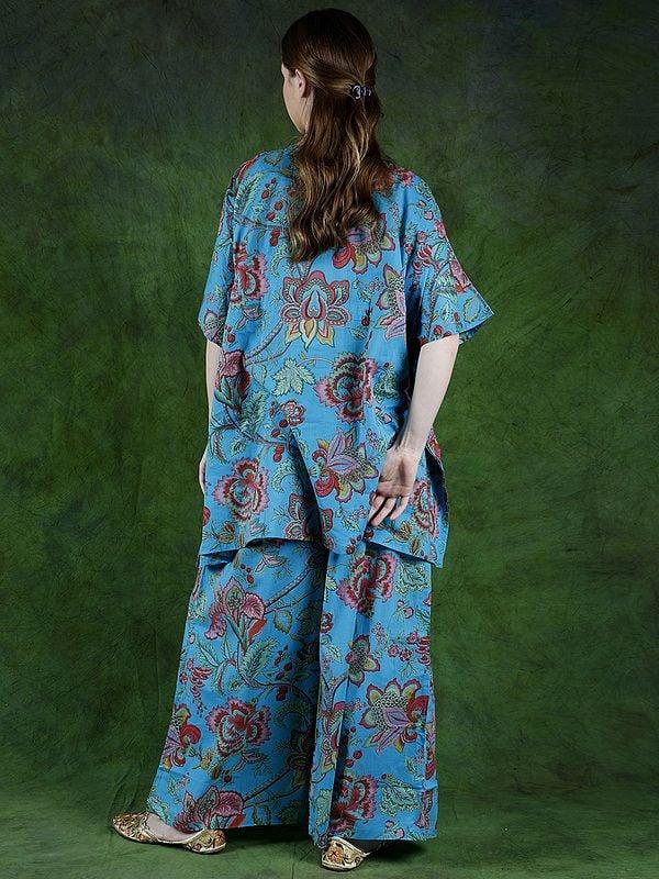 Exotic India River-Blue Kaftan Style Pure Cotton Co-Ord Set With Printed Flowers