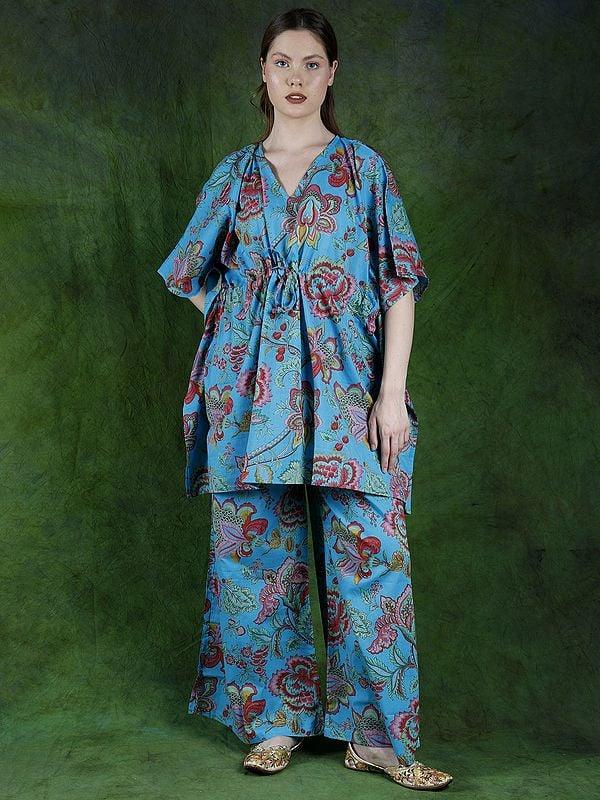 exotic india River-Blue Kaftan Style Pure Cotton Co-Ord Set with Printed Flowers 