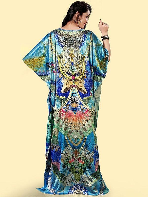 Exotic India River-Blue Printed Satin Long Kaftan With Stone Work V-Neck