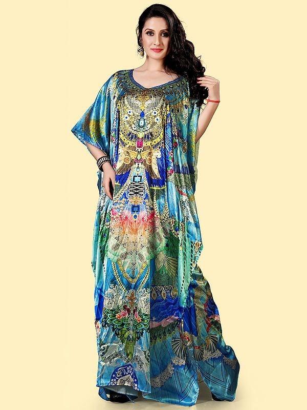 exotic india River-Blue Printed Satin Long Kaftan with Stone work V-Neck 