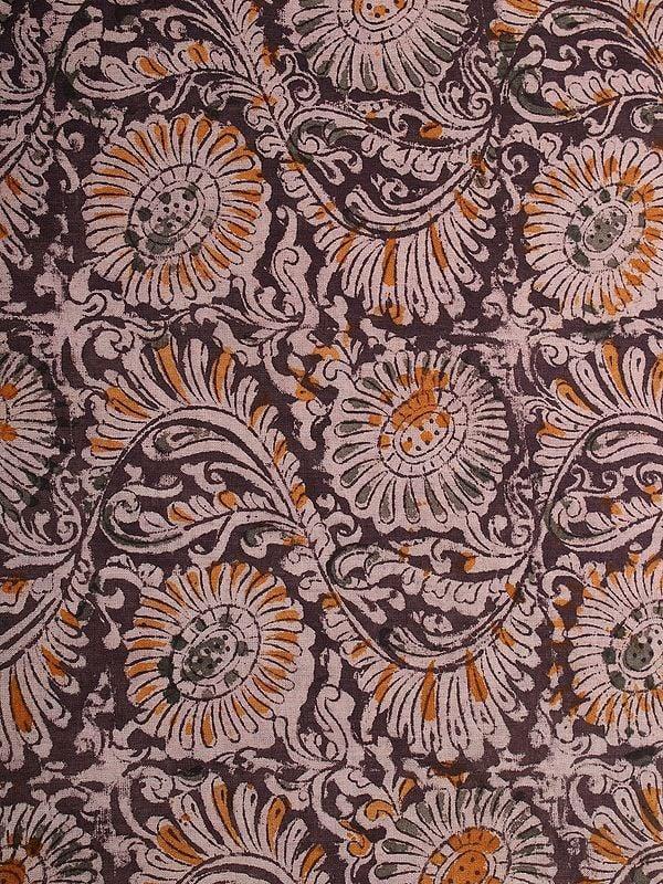 Exotic India Rock-Grey Pure Cotton Kalamkari Block Printed Fabric 
