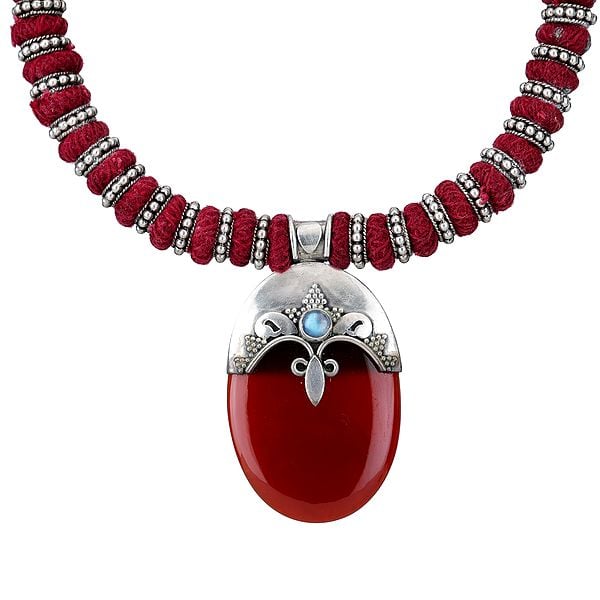 Exotic India Rope Necklace With Stylized Carnelian And Sterling Silver Pendant