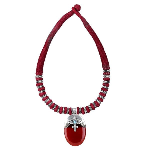 exotic india Rope Necklace with Stylized Carnelian and Sterling Silver Pendant 