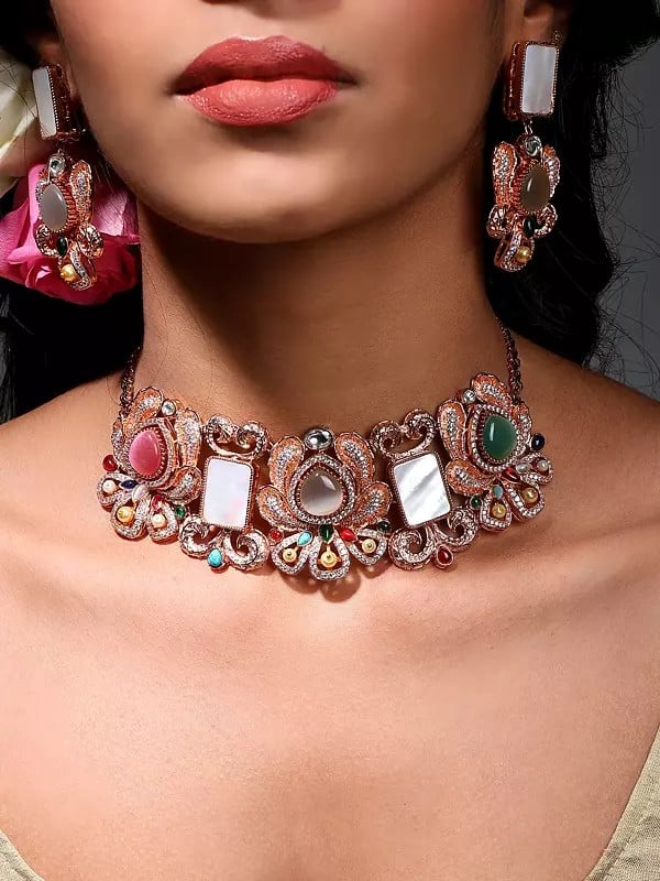 Exotic India Rose Gold Color Floral Choker And Earrings Set With Multicolor Stone 